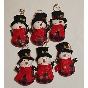 Set of 6 Red Buffalo Check Felt Snowman Ornaments with Top Hats 5.5"